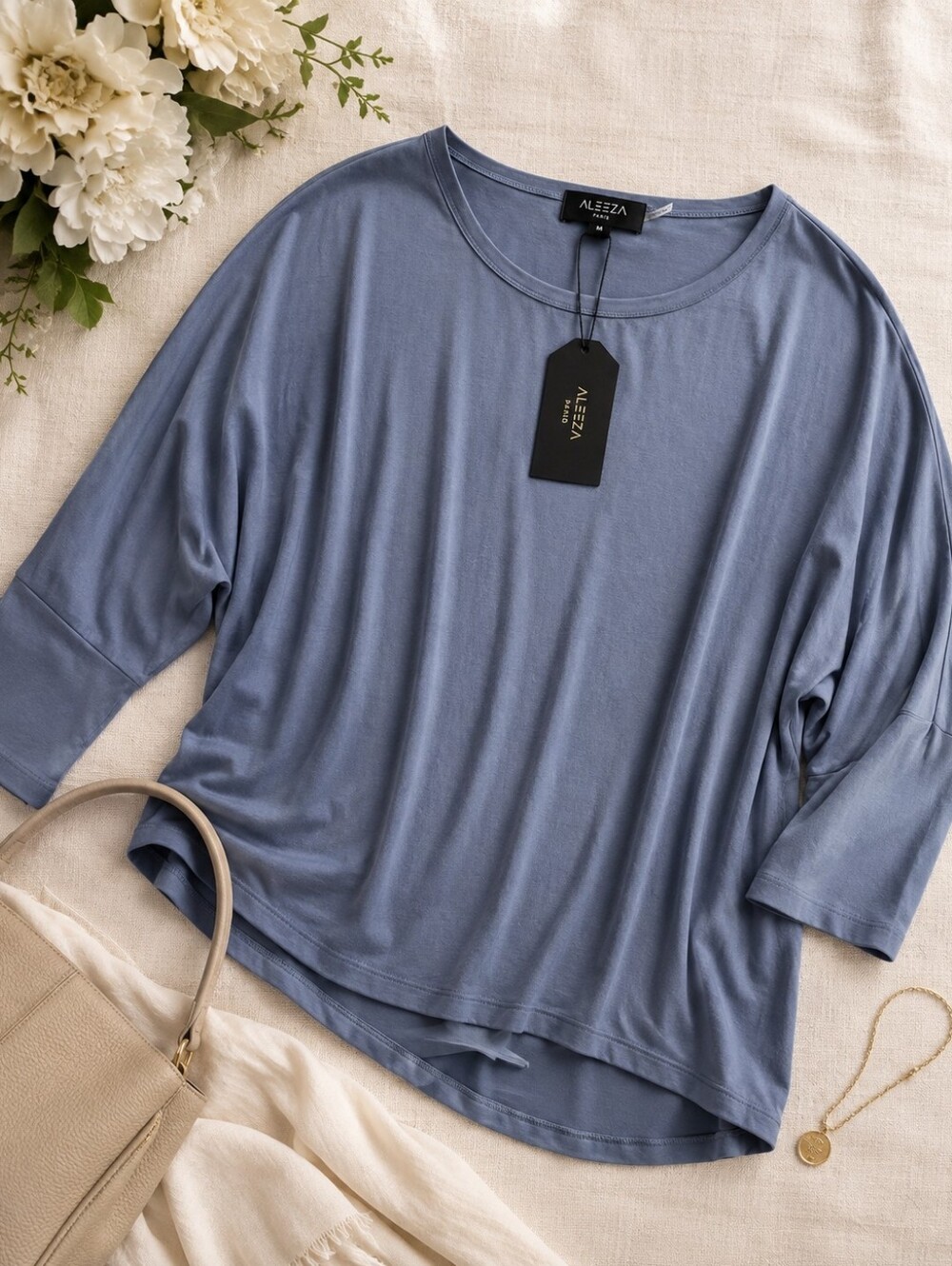 NWT Aleeza Paris Slate Blue Buttery Soft Rayon Blend Dolman Sleeve Top M